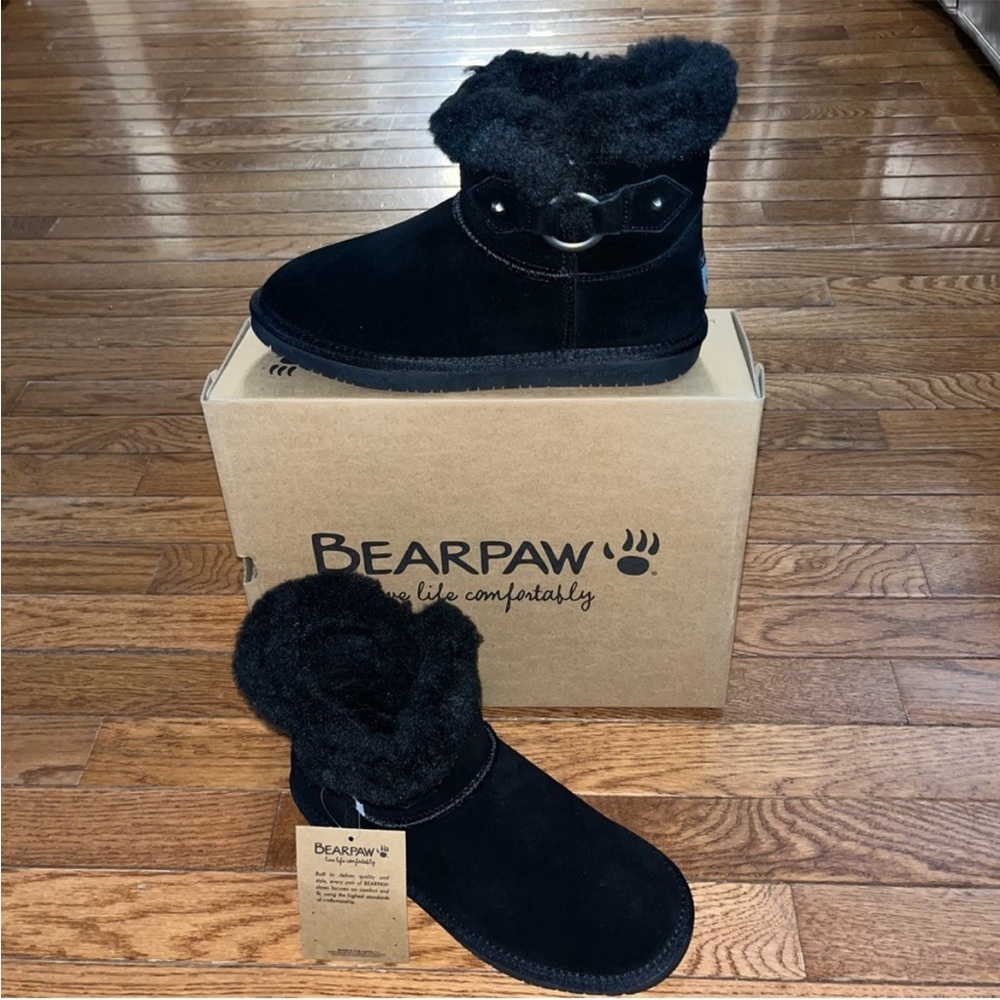 BearPaw Wren Faux Shearling Lined Bootie Black Suede Women’s Size 10 Winter - Picture 2 of 11